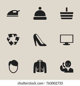 Set Of 9 Editable Business Icons. Includes Symbols Such As Monitor, Clothes, Steam Iron And More. Can Be Used For Web, Mobile, UI And Infographic Design.