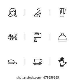Set Of 9 Editable Business Outline Icons. Includes Symbols Such As Mitten, Hat, Woman Face And More. Can Be Used For Web, Mobile, UI And Infographic Design.