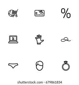 Set Of 9 Editable Business Outline Icons. Includes Symbols Such As Lingerie, Jewel, Percent And More. Can Be Used For Web, Mobile, UI And Infographic Design.