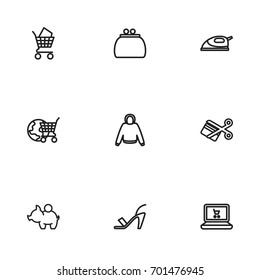 Set Of 9 Editable Business Outline Icons. Includes Symbols Such As Hoodie, High Heeled, Money Purse And More. Can Be Used For Web, Mobile, UI And Infographic Design.