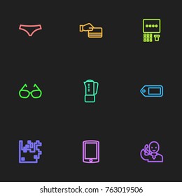 Set Of 9 Editable Business Outline Icons. Includes Symbols Such As Glasses, Credit Card, Talking On Phone And More. Can Be Used For Web, Mobile, UI And Infographic Design.