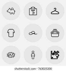 Set Of 9 Editable Business Outline Icons. Includes Symbols Such As Sale Label, Blouse, Trading Purse And More. Can Be Used For Web, Mobile, UI And Infographic Design.