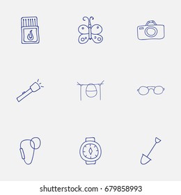 Set Of 9 Editable Camping Doodles. Includes Symbols Such As Wrist Clock, Shovel, Campfire Cooking And More. Can Be Used For Web, Mobile, UI And Infographic Design.