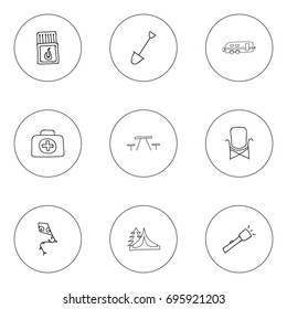 Set Of 9 Editable Camping Doodles. Includes Symbols Such As Picnic, Camper, Flashlight And More. Can Be Used For Web, Mobile, UI And Infographic Design.
