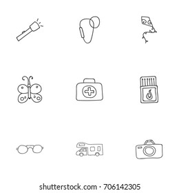 Set Of 9 Editable Camping Doodles. Includes Symbols Such As Flashlight, Eyeglasses, Beauty Insect And More. Can Be Used For Web, Mobile, UI And Infographic Design.