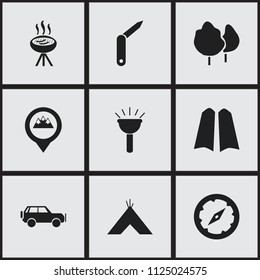 Set of 9 editable camping icons. Includes symbols such as suv, pinpoint, jackknife and more. Can be used for web, mobile, UI and infographic design.