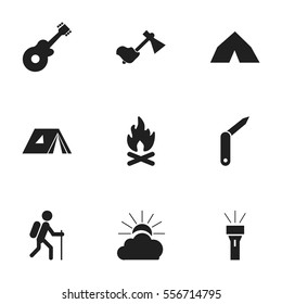 Set Of 9 Editable Camping Icons. Includes Symbols Such As Gait, Clasp-Knife, Tepee And More. Can Be Used For Web, Mobile, UI And Infographic Design.
