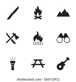 Set Of 9 Editable Camping Icons. Includes Symbols Such As Tomahawk, Field Glasses, Lantern And More. Can Be Used For Web, Mobile, UI And Infographic Design.