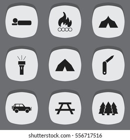 Set Of 9 Editable Camping Icons. Includes Symbols Such As Lantern, Blaze, Clasp-Knife And More. Can Be Used For Web, Mobile, UI And Infographic Design.