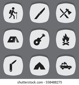 Set Of 9 Editable Camping Icons. Includes Symbols Such As Clasp-Knife, Tepee, Voyage Car And More. Can Be Used For Web, Mobile, UI And Infographic Design.