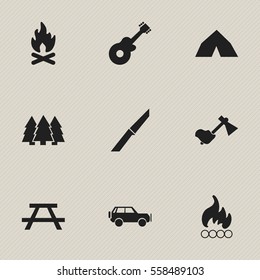 Set Of 9 Editable Camping Icons. Includes Symbols Such As Pine, Musical Instrument, Sport Vehicle And More. Can Be Used For Web, Mobile, UI And Infographic Design.