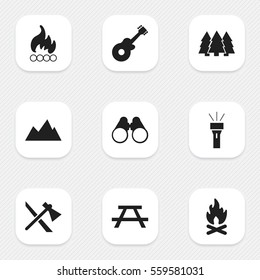 Set Of 9 Editable Camping Icons. Includes Symbols Such As Pine, Fever, Tomahawk And More. Can Be Used For Web, Mobile, UI And Infographic Design.