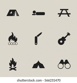 Set Of 9 Editable Camping Icons. Includes Symbols Such As Clasp-Knife, Field Glasses, Musical Instrument And More. Can Be Used For Web, Mobile, UI And Infographic Design.