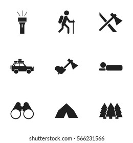 Set Of 9 Editable Camping Icons. Includes Symbols Such As Tomahawk, Bedroll, Pine And More. Can Be Used For Web, Mobile, UI And Infographic Design.