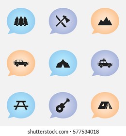 Set Of 9 Editable Camping Icons. Includes Symbols Such As Tomahawk, Refuge, Peak And More. Can Be Used For Web, Mobile, UI And Infographic Design.
