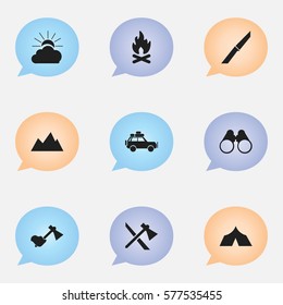 Set Of 9 Editable Camping Icons. Includes Symbols Such As Knife, Field Glasses, Refuge And More. Can Be Used For Web, Mobile, UI And Infographic Design.