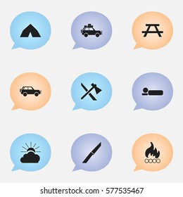 Set Of 9 Editable Camping Icons. Includes Symbols Such As Blaze, Desk, Knife And More. Can Be Used For Web, Mobile, UI And Infographic Design.