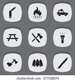 Set Of 9 Editable Camping Icons. Includes Symbols Such As Ax, Tomahawk, Desk And More. Can Be Used For Web, Mobile, UI And Infographic Design.