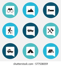 Set Of 9 Editable Camping Icons. Includes Symbols Such As Shelter, Bedroll, Voyage Car And More. Can Be Used For Web, Mobile, UI And Infographic Design.