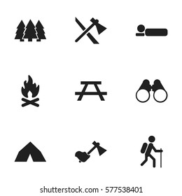 Set Of 9 Editable Camping Icons. Includes Symbols Such As Tomahawk, Pine, Bedroll And More. Can Be Used For Web, Mobile, UI And Infographic Design.