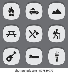 Set Of 9 Editable Camping Icons. Includes Symbols Such As Peak, Tomahawk, Desk And More. Can Be Used For Web, Mobile, UI And Infographic Design.