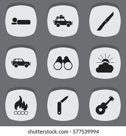Set Of 9 Editable Camping Icons. Includes Symbols Such As Sunrise, Blaze, Sport Vehicle And More. Can Be Used For Web, Mobile, UI And Infographic Design.