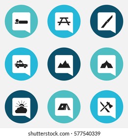 Set Of 9 Editable Camping Icons. Includes Symbols Such As Bedroll, Voyage Car, Sunrise And More. Can Be Used For Web, Mobile, UI And Infographic Design.