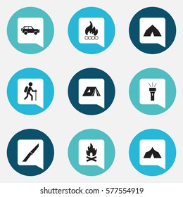 Set Of 9 Editable Camping Icons. Includes Symbols Such As Fever, Shelter, Sport Vehicle And More. Can Be Used For Web, Mobile, UI And Infographic Design.