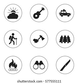 Set Of 9 Editable Camping Icons. Includes Symbols Such As Field Glasses, Musical Instrument, Ax And More. Can Be Used For Web, Mobile, UI And Infographic Design.