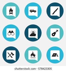 Set Of 9 Editable Camping Icons. Includes Symbols Such As Field Glasses, Knife, Sunrise And More. Can Be Used For Web, Mobile, UI And Infographic Design.