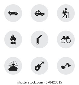 Set Of 9 Editable Camping Icons. Includes Symbols Such As Gait, Fever, Sunrise And More. Can Be Used For Web, Mobile, UI And Infographic Design.