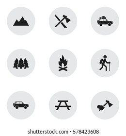 Set Of 9 Editable Camping Icons. Includes Symbols Such As Pine, Sport Vehicle, Ax And More. Can Be Used For Web, Mobile, UI And Infographic Design.