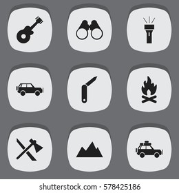 Set Of 9 Editable Camping Icons. Includes Symbols Such As Tomahawk, Musical Instrument, Lantern And More. Can Be Used For Web, Mobile, UI And Infographic Design.