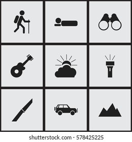 Set Of 9 Editable Camping Icons. Includes Symbols Such As Knife, Peak, Gait And More. Can Be Used For Web, Mobile, UI And Infographic Design.