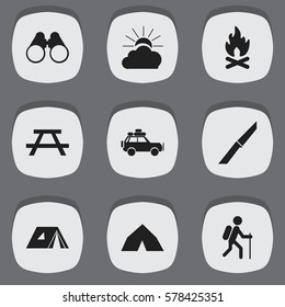 Set Of 9 Editable Camping Icons. Includes Symbols Such As Tepee, Fever, Field Glasses And More. Can Be Used For Web, Mobile, UI And Infographic Design.