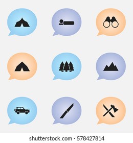 Set Of 9 Editable Camping Icons. Includes Symbols Such As Tomahawk, Field Glasses, Bedroll And More. Can Be Used For Web, Mobile, UI And Infographic Design.