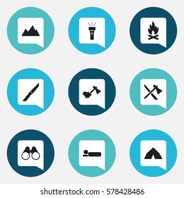 Set Of 9 Editable Camping Icons. Includes Symbols Such As Lantern, Knife, Tomahawk And More. Can Be Used For Web, Mobile, UI And Infographic Design.
