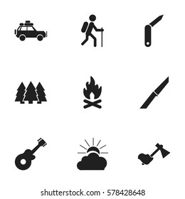 Set Of 9 Editable Camping Icons. Includes Symbols Such As Voyage Car, Clasp-Knife, Ax And More. Can Be Used For Web, Mobile, UI And Infographic Design.
