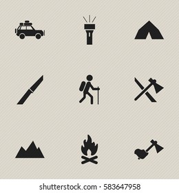 Set Of 9 Editable Camping Icons. Includes Symbols Such As Fever, Ax, Peak And More. Can Be Used For Web, Mobile, UI And Infographic Design.