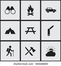 Set Of 9 Editable Camping Icons. Includes Symbols Such As Gait, Clasp-Knife, Sport Vehicle And More. Can Be Used For Web, Mobile, UI And Infographic Design.