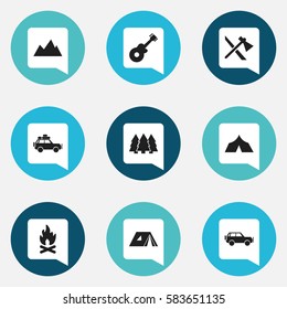 Set Of 9 Editable Camping Icons. Includes Symbols Such As Fever, Pine, Shelter And More. Can Be Used For Web, Mobile, UI And Infographic Design.