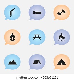 Set Of 9 Editable Camping Icons. Includes Symbols Such As Tepee, Ax, Clasp-Knife And More. Can Be Used For Web, Mobile, UI And Infographic Design.