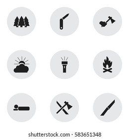 Set Of 9 Editable Camping Icons. Includes Symbols Such As Sunrise, Ax, Tomahawk And More. Can Be Used For Web, Mobile, UI And Infographic Design.