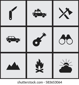 Set Of 9 Editable Camping Icons. Includes Symbols Such As Field Glasses, Voyage Car, Tomahawk And More. Can Be Used For Web, Mobile, UI And Infographic Design.