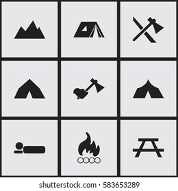 Set Of 9 Editable Camping Icons. Includes Symbols Such As Blaze, Peak, Bedroll And More. Can Be Used For Web, Mobile, UI And Infographic Design.