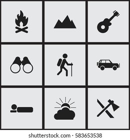 Set Of 9 Editable Camping Icons. Includes Symbols Such As Sunrise, Gait, Musical Instrument And More. Can Be Used For Web, Mobile, UI And Infographic Design.
