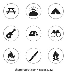 Set Of 9 Editable Camping Icons. Includes Symbols Such As Fever, Shelter, Knife And More. Can Be Used For Web, Mobile, UI And Infographic Design.