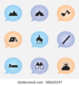 Set Of 9 Editable Camping Icons. Includes Symbols Such As Ax, Bedroll, Knife And More. Can Be Used For Web, Mobile, UI And Infographic Design.