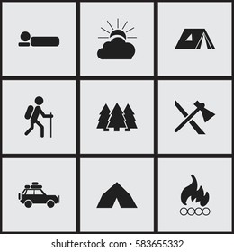 Set Of 9 Editable Camping Icons. Includes Symbols Such As Shelter, Pine, Tepee And More. Can Be Used For Web, Mobile, UI And Infographic Design.