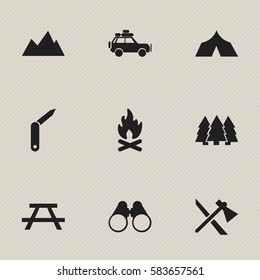 Set Of 9 Editable Camping Icons. Includes Symbols Such As Desk, Field Glasses, Pine And More. Can Be Used For Web, Mobile, UI And Infographic Design.